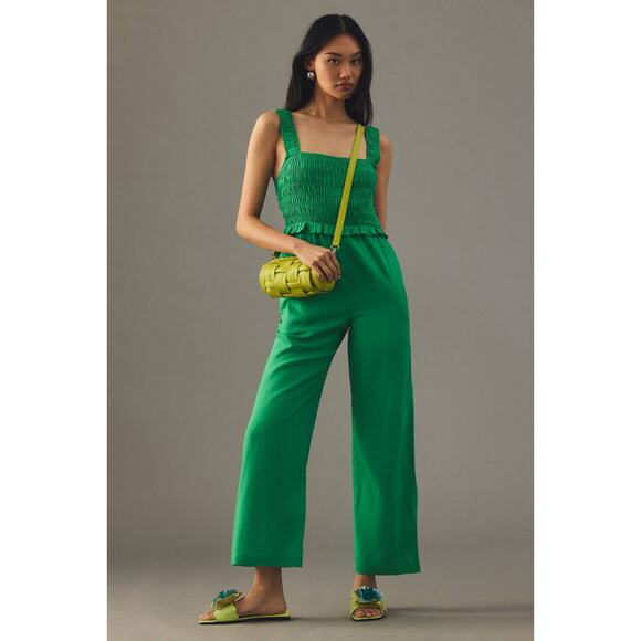 Anthropologie If By Sea NWT Kelly Green Smocked Square Neck Linen Blend Jumpsuit - Picture 1 of 16